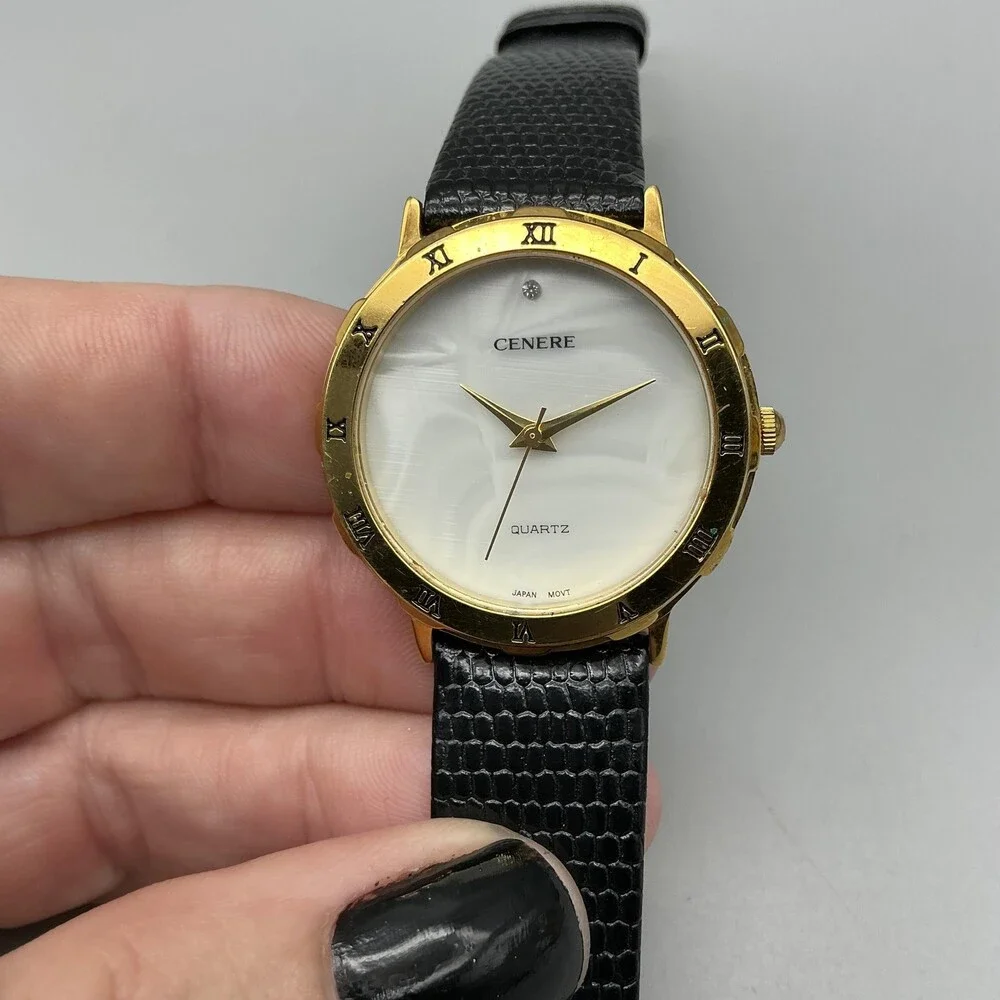 Cenere 822 Womens Watch 32mm MOP Dial Gold Tone Black Leather New Battery